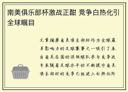 南美俱乐部杯激战正酣 竞争白热化引全球瞩目